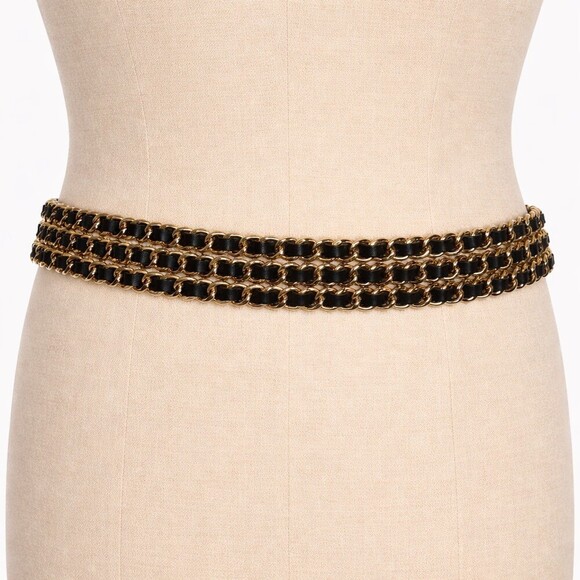 Vintage Black Leather Triple Gold Chain statement belt Multi-Strand Large main image 4